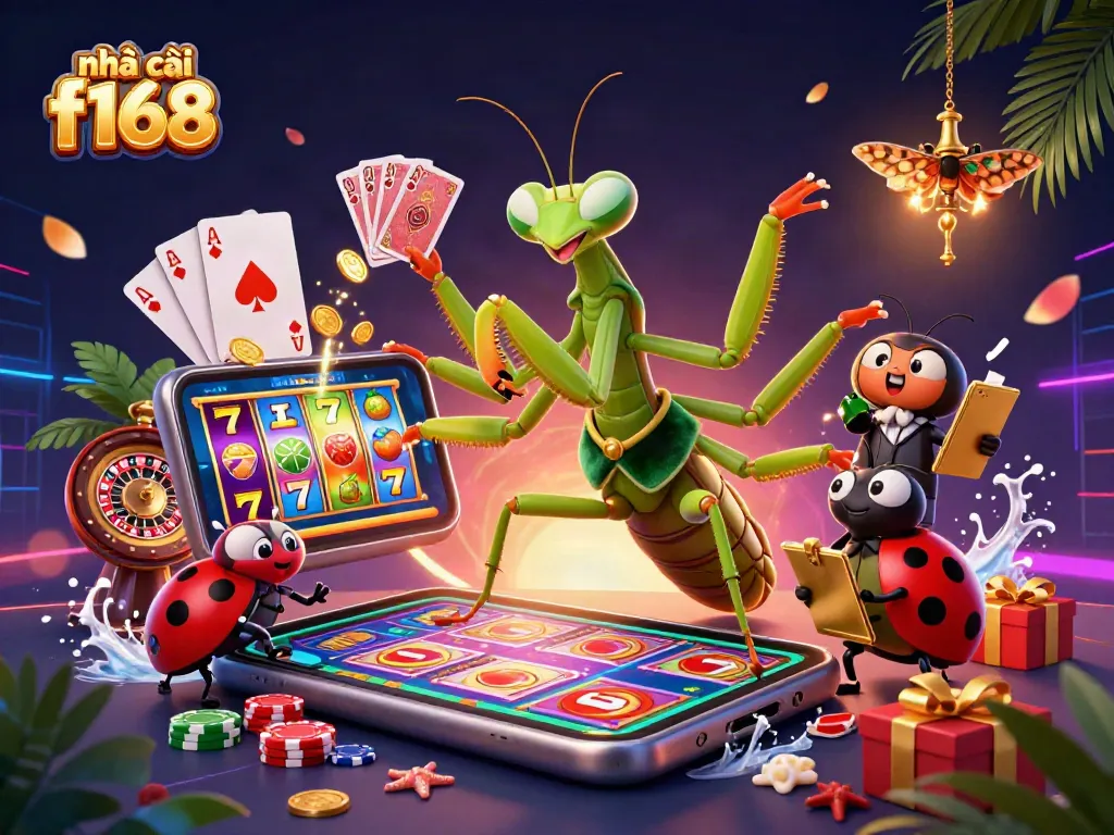 Engage with nhà cái f168 as a giant praying mantis card sharp deals cards and shuffles chips amidst vibrant casino elements.