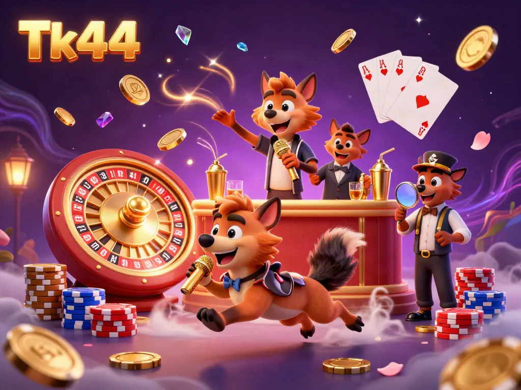 Experience the exciting world of Tk444 with lively hyenas performing in a vibrant comedy casino scene, surrounded by games and golden coins.
