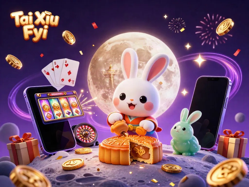 Tài Xỉu Fyi showcases an enchanting scene with a moon rabbit, poker chips, and slot games.