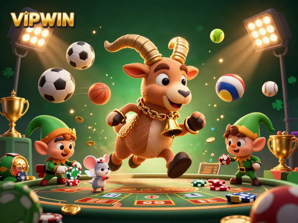 Experience exciting gameplay at VIPWIN with a cartoonish casino scene featuring whimsical characters and vibrant gaming elements.