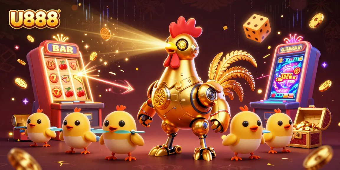 Join the excitement at U888 casino with a vibrant scene featuring a golden rooster robot and slot machines!