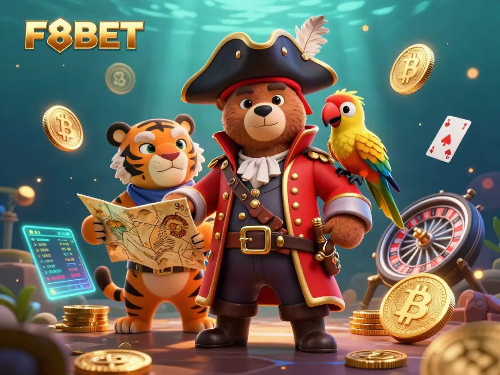Join F8BET for thrilling online gaming with a whimsical pirate bear and friends, featuring vibrant 3D elements.
