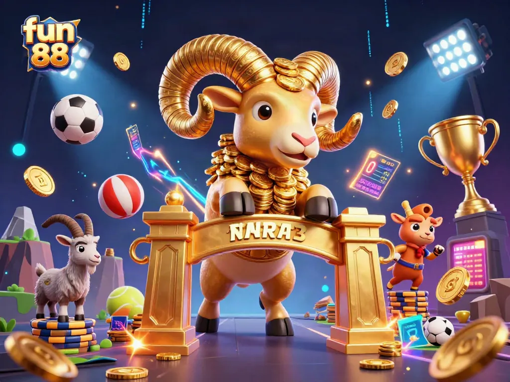 Engage with fun 88 in a vibrant gaming scene featuring sports elements and dynamic golden characters.