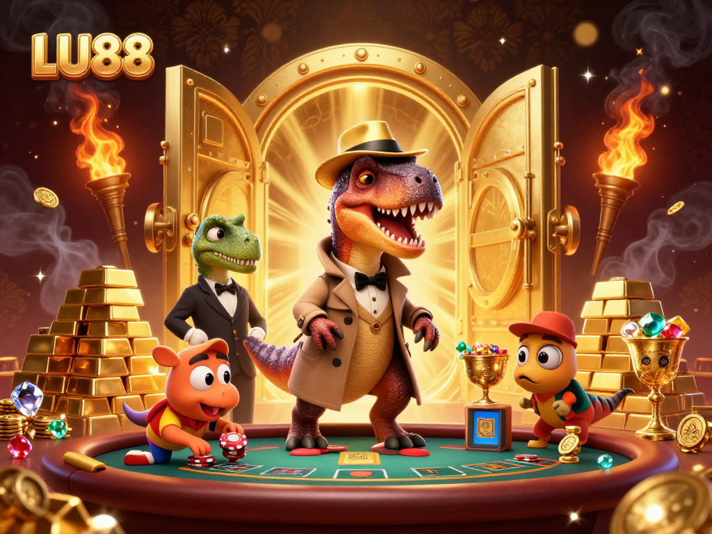 Engage in thrilling gambling at LU88 with cartoon characters in a dynamic casino scene full of treasures.