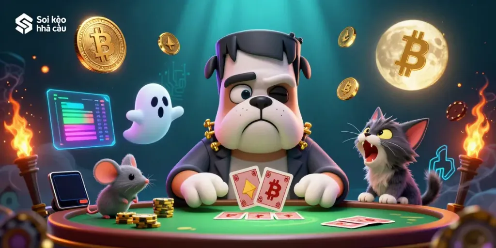 Engage in thrilling bets with "Soi kèo nhà cái" amid captivating 3D characters and vibrant crypto elements.