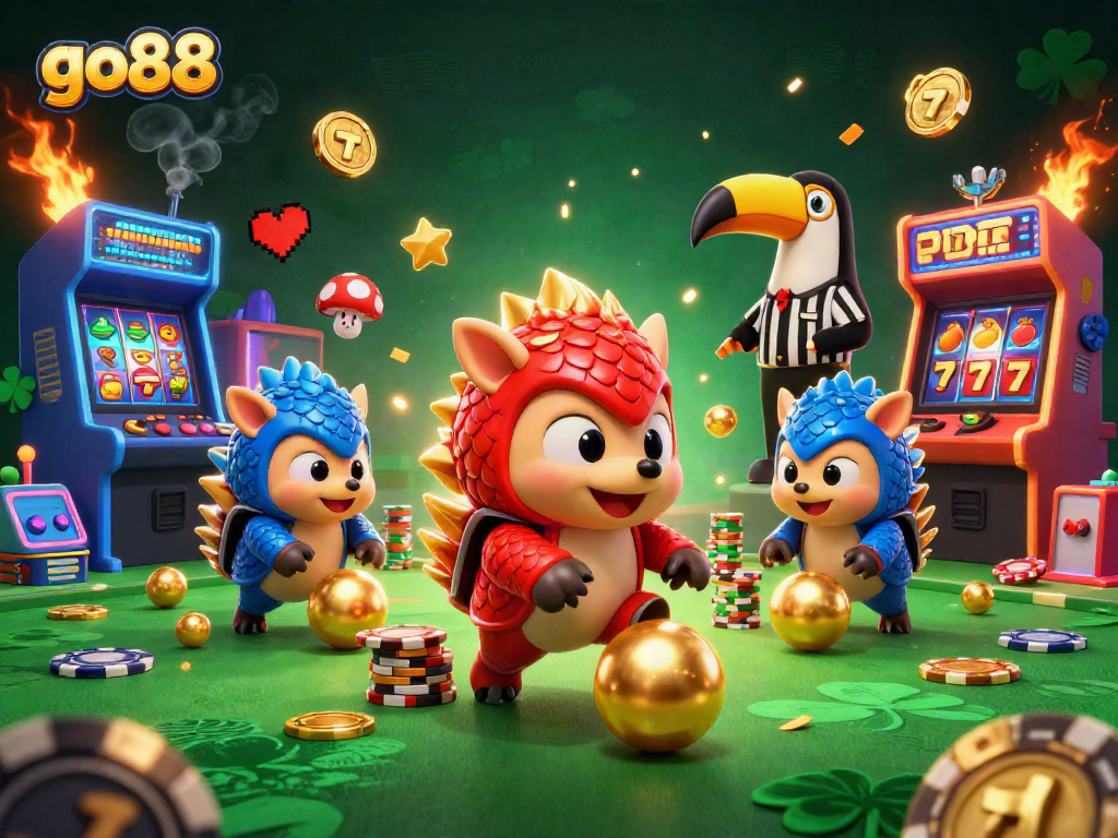 Experience go88’s thrilling casino action with rival pangolins bowling through poker chips in a vibrant illustration.