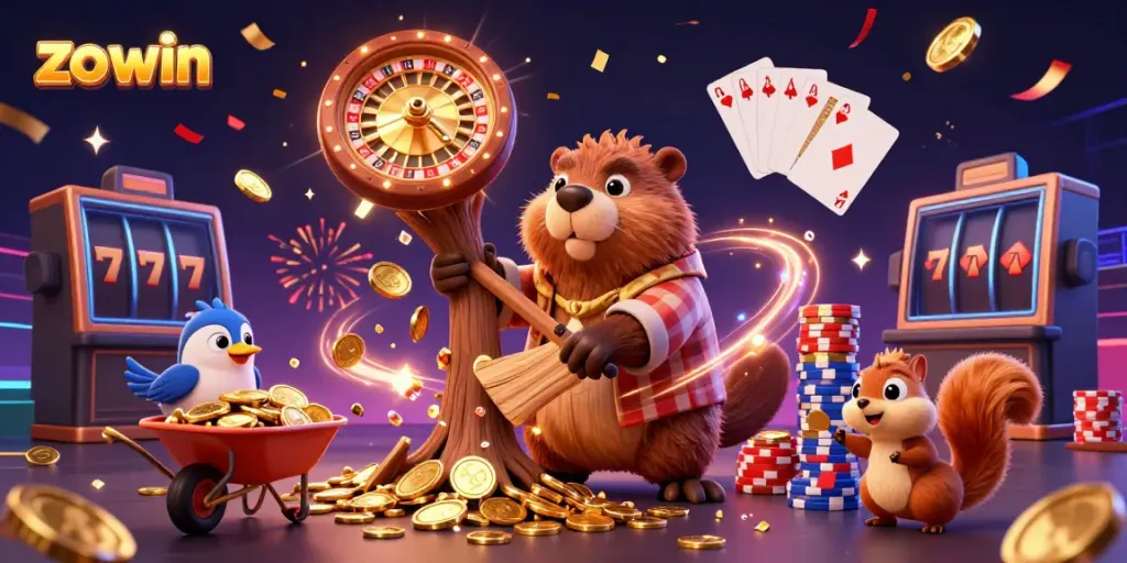 Experience thrilling wins with zo win in a vibrant, action-packed casino scene featuring animated characters.