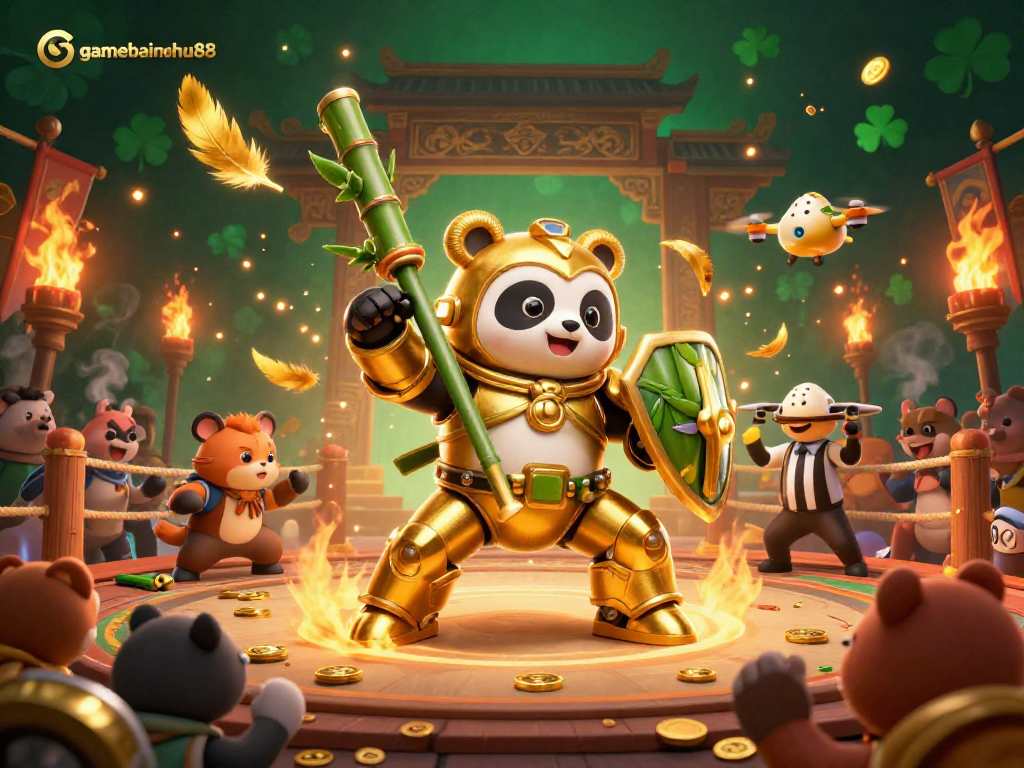 gamebainohu88 introduces an action-packed 3D scene with a golden panda piloting a bamboo robot, surrounded by a lively gambling arena.
