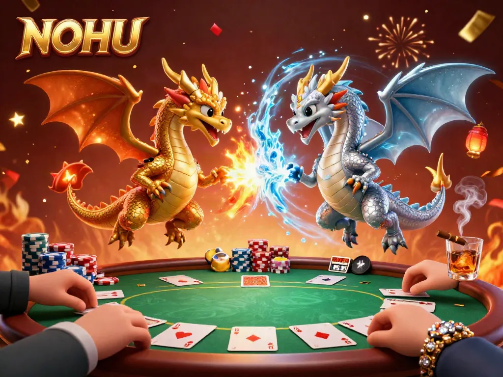 Engage with the dynamic NOHU casino scene featuring golden and silver dragons amidst vibrant poker elements and celebratory effects.