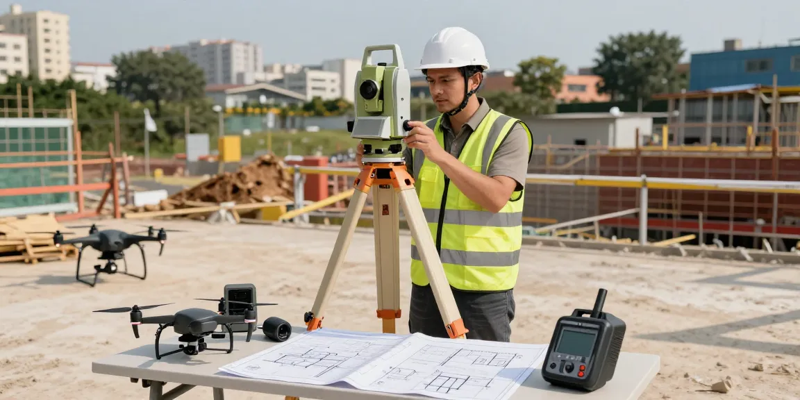 Accurate land surveys London using advanced surveying equipment at a construction site.
