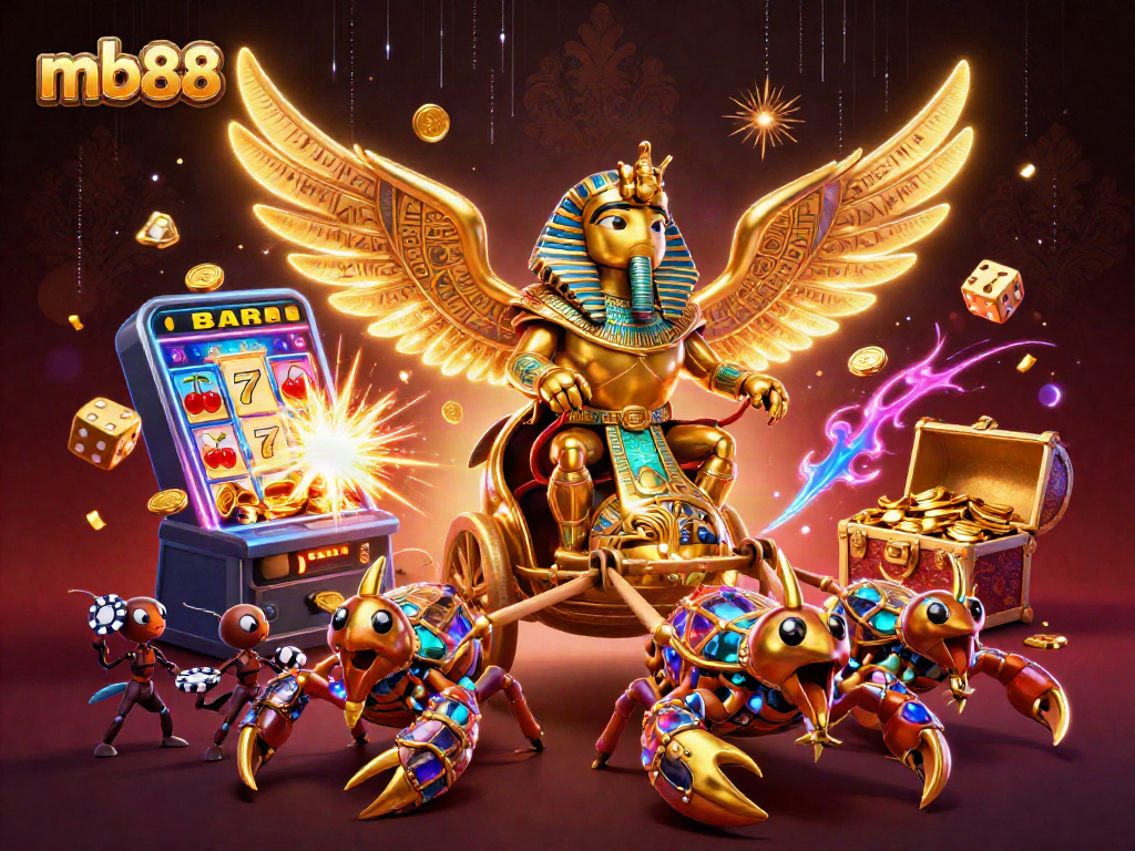 Experience the thrill of mb88 with a vibrant 3D chariot in a lively casino scene.