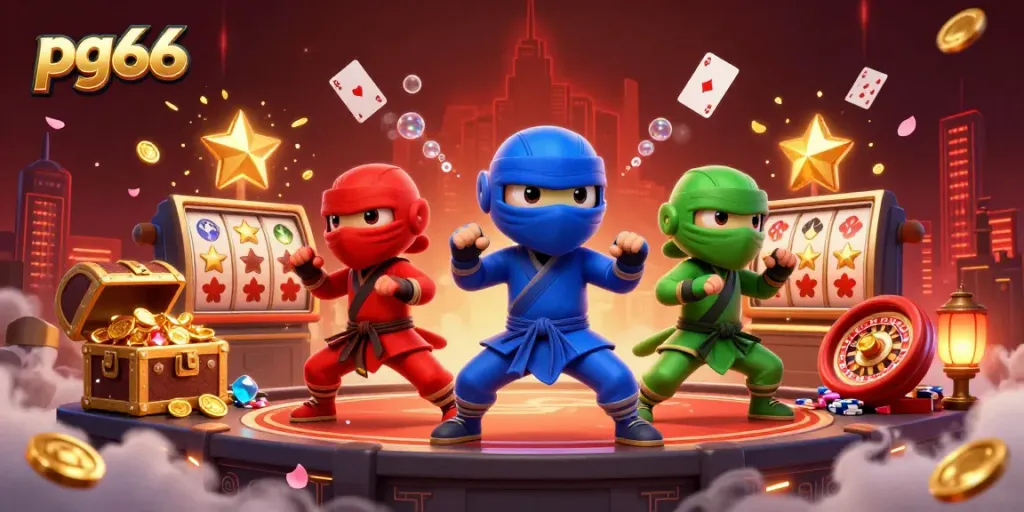 Experience the thrill of pg66 with a dynamic scene of ninja chameleons performing martial arts amidst casino excitement.