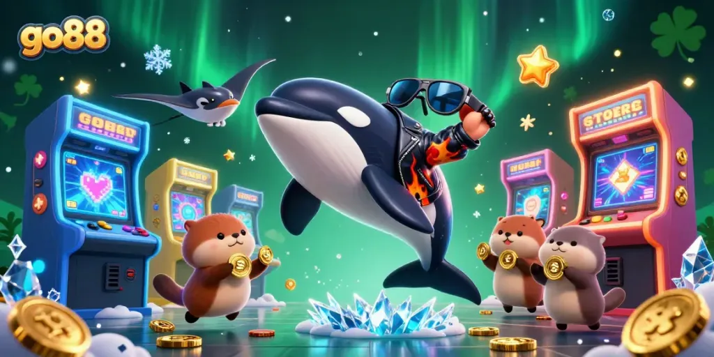 Experience the thrill of go88 with exciting games as playful characters surround you in a vibrant casino scene.