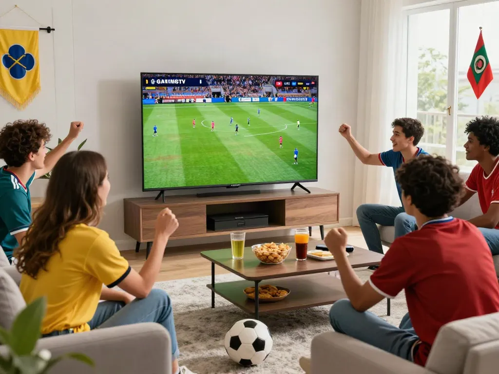 Friends enjoying a football match on Gavangtv in a cozy living room.