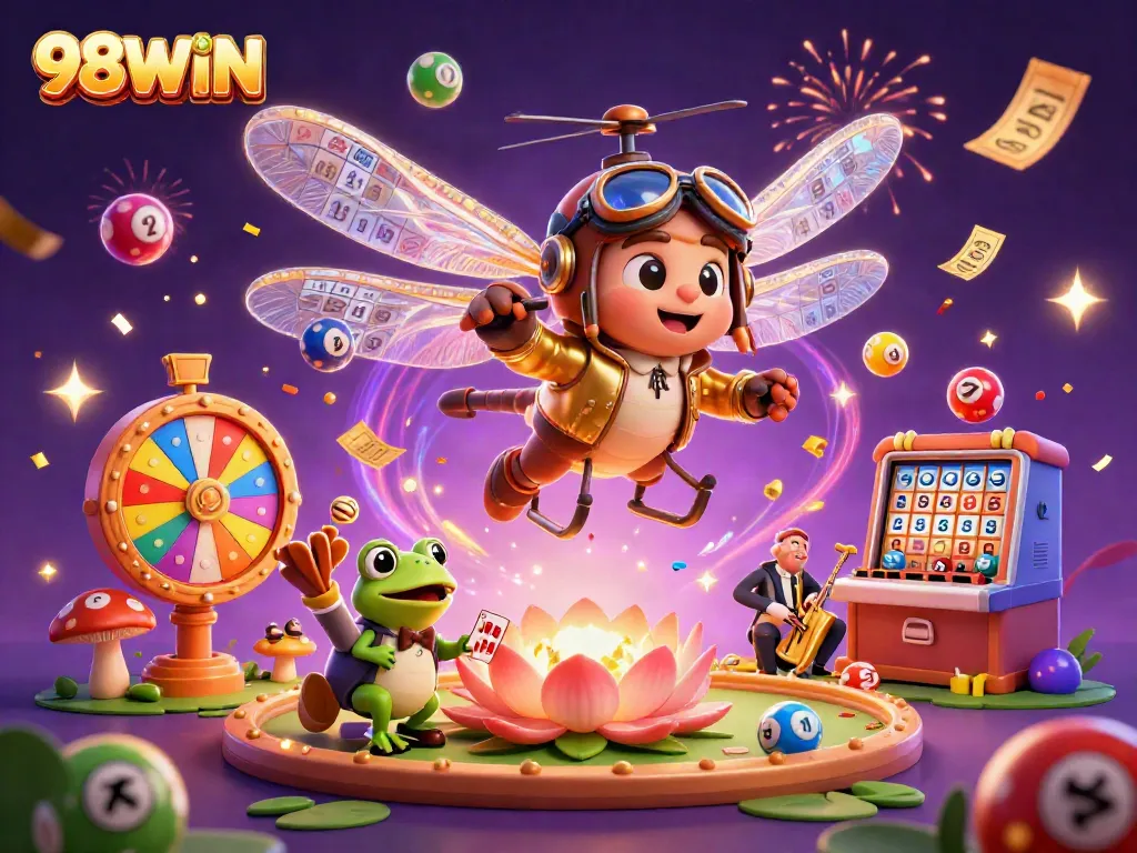 Engage in thrilling gameplay with 98WIN at an exciting lily pad casino with a whimsical dragonfly pilot and frog dealer.
