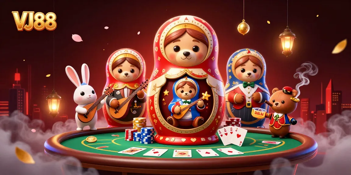Engage with VJ88's thrilling poker scene featuring unique casino characters.