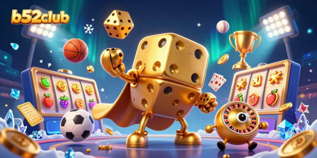 Experience thrilling gameplay with b52club's vibrant 3D casino scene featuring a golden dice golem.
