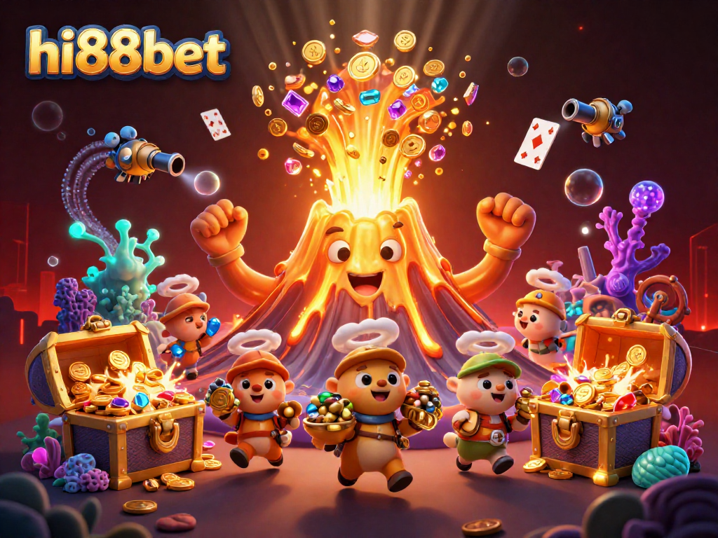 Spin the reels with hi88bet: A vibrant 3D scene filled with gold coins, treasure chests, and joyful characters.