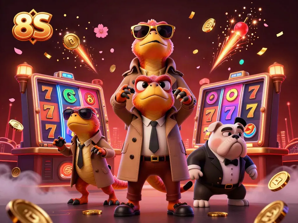 8S showcases animated raptors attempting VIP entry at a casino, surrounded by vibrant slot game elements.