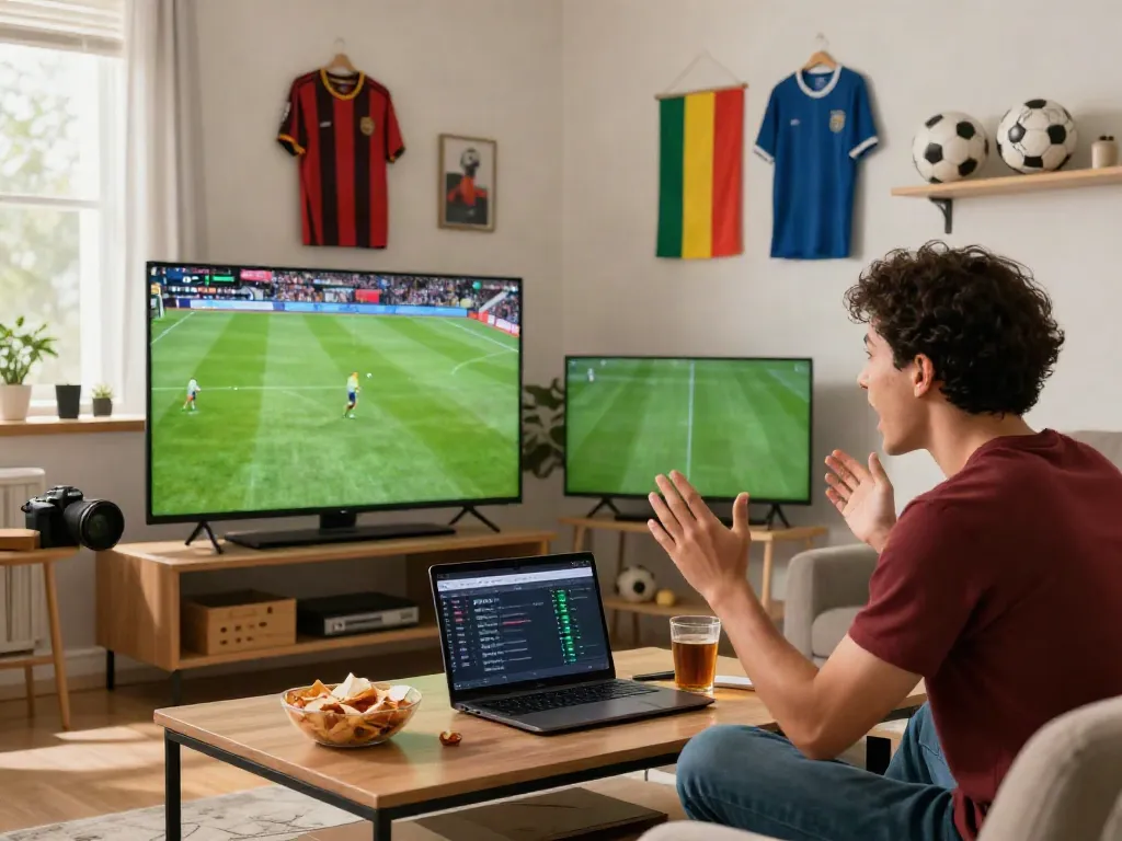Passionate soccer fan in living room watching Xoilactv live on HD screen with memorabilia.