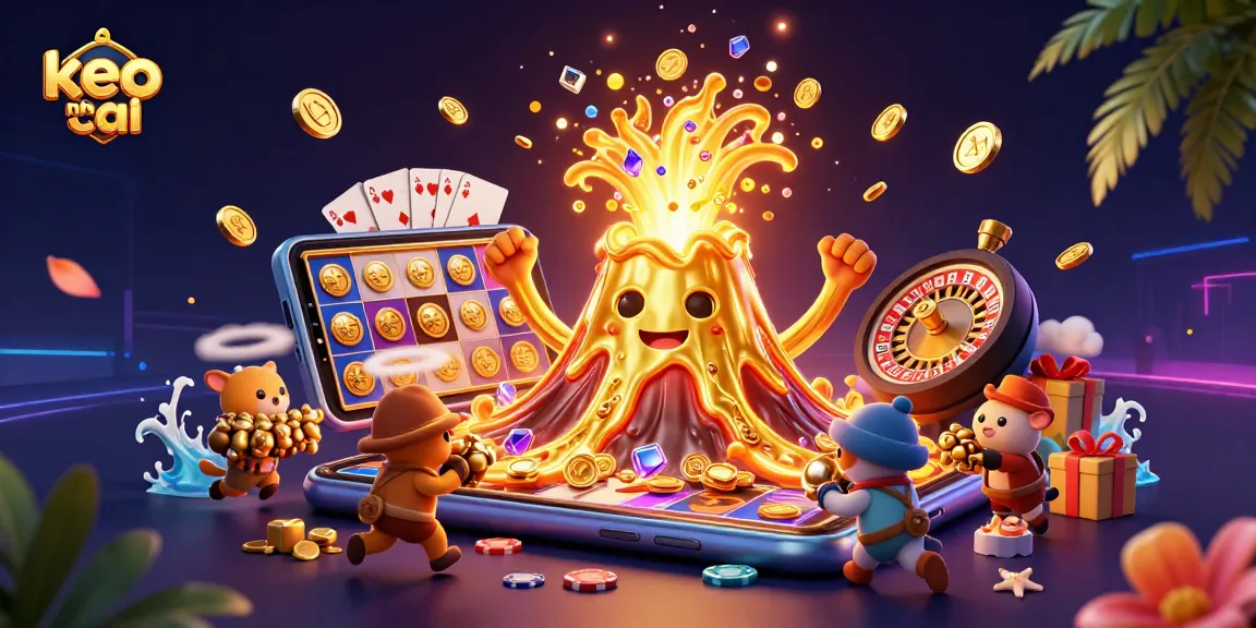 keo nha cai showcases a thrilling scene with a golden volcano erupting coins, attracting treasure hunters.