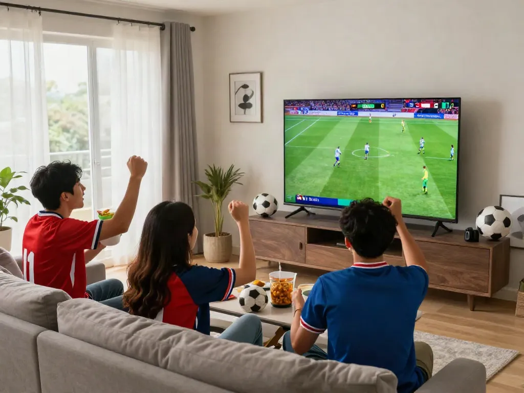 Thapcamtv live football match viewing with friends in a cozy living room.