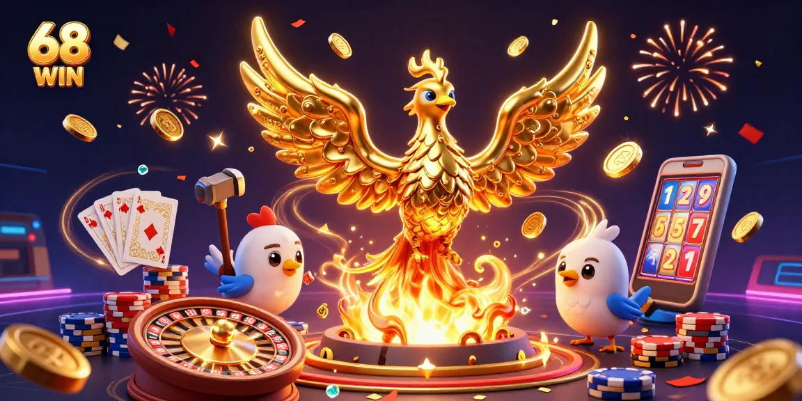 Spin to win at 68 WIN with a golden phoenix and vibrant casino elements.