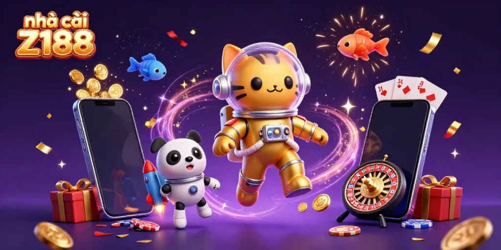 Join the fun at nhà cái Z188 with a vibrant 3D scene featuring a playful astronaut cat, robot dog, and alien creatures amidst casino games.