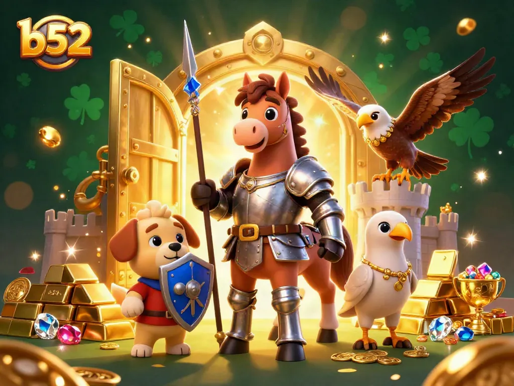 Experience the thrilling b52 casino adventure as knights, a squire, and a falcon uncover treasures.