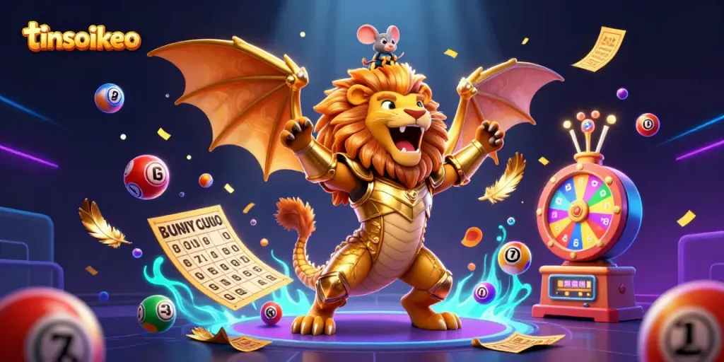Experience thrilling wins with tinsoikeo's vibrant gambling scene featuring a chimera and colorful lottery elements.