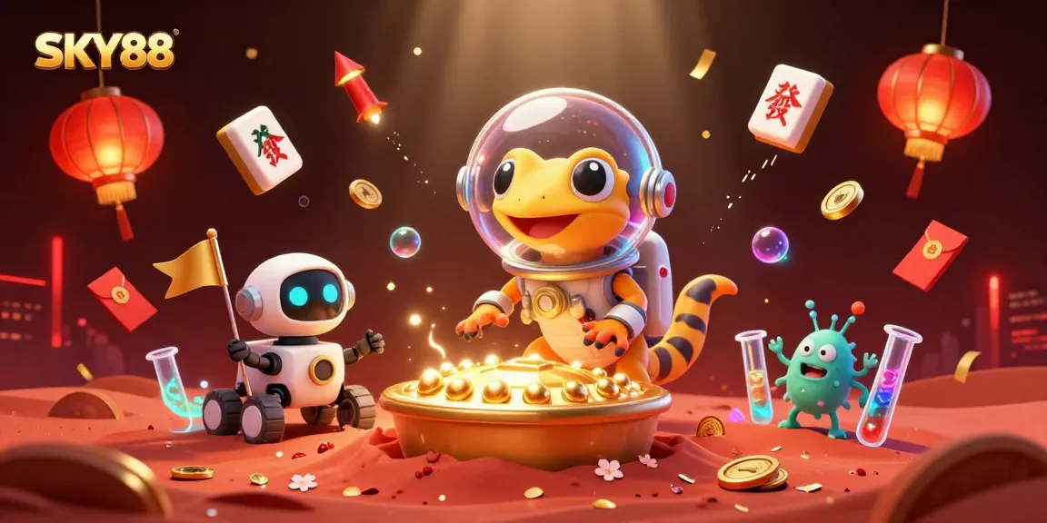 Experience the excitement of SKY88 with a vibrant casino scene illustrating Martian adventures and cheering aliens.