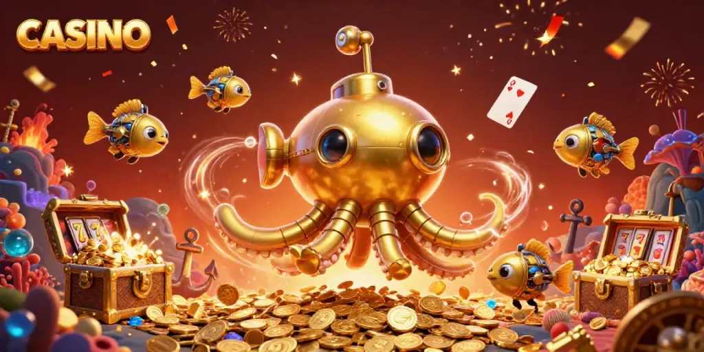 Engage in casino adventures with a kraken submarine amidst gold coins and vibrant gaming elements.