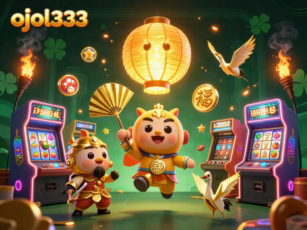 Engage with ojol333 slot games featuring golden lanterns and arcade machines.
