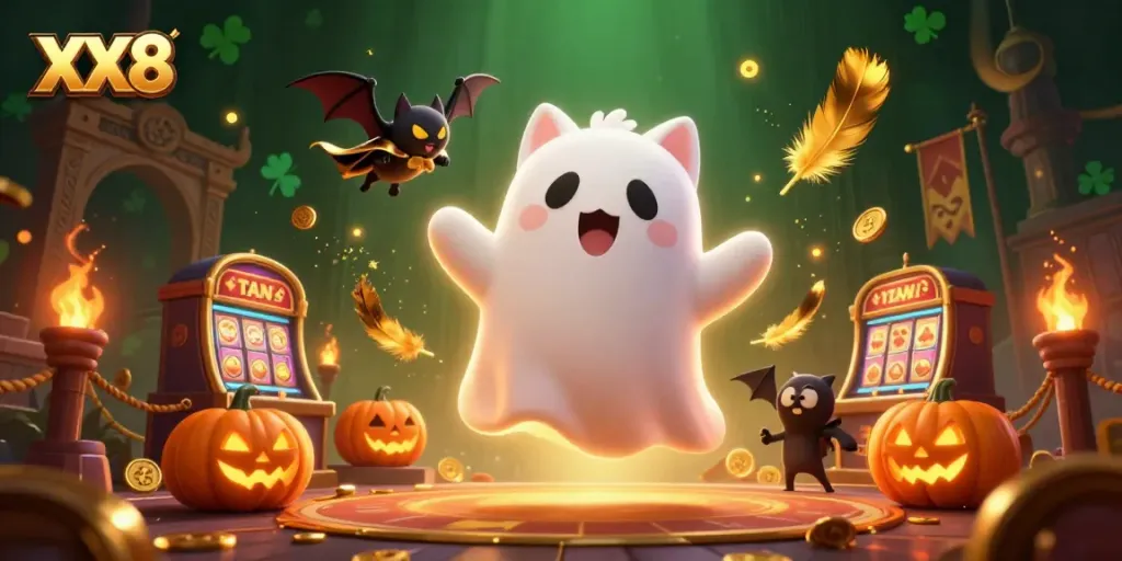 Engage with the friendly ghost cat at the haunted casino XX8, surrounded by glowing jack-o-lanterns and golden tokens.