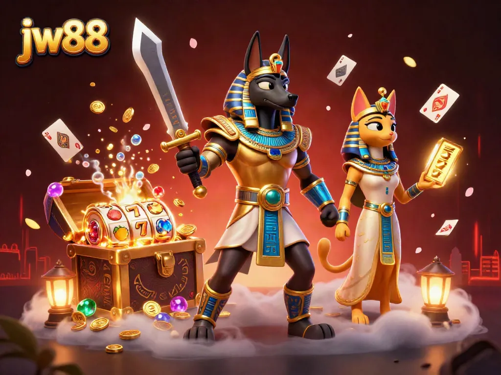 Experience thrilling jw88 casino action with Anubis and Bastet in a dynamic, treasure-filled scene.