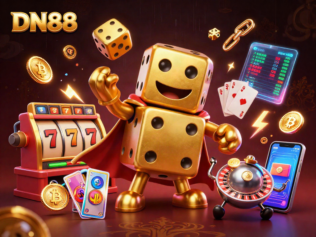 Engage with DN88 by exploring a vibrant 3D casino scene featuring golden dice, singing slot reels, and neon coins.