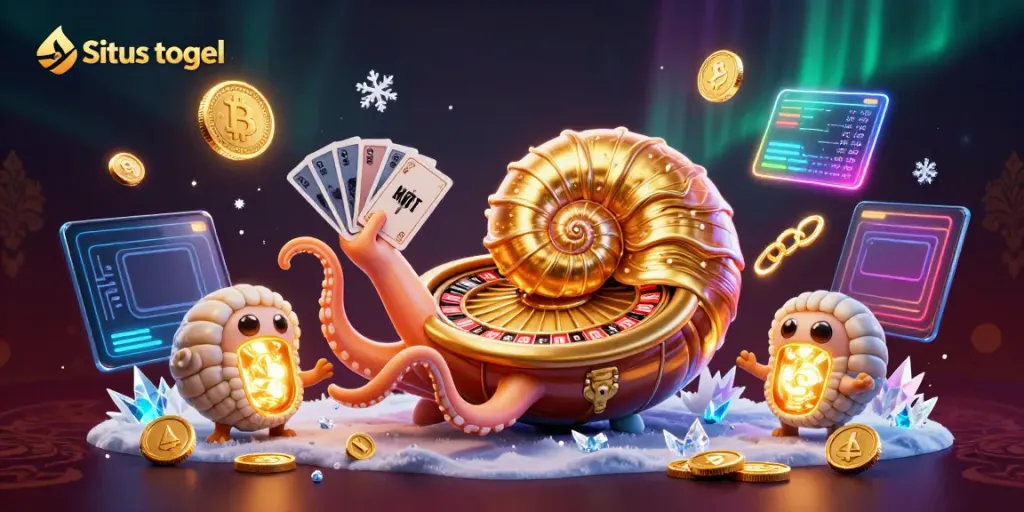 Engage with Situs togel's thrilling world through a vibrant 3D image featuring a nautilus roulette wheel and dazzling crypto elements.