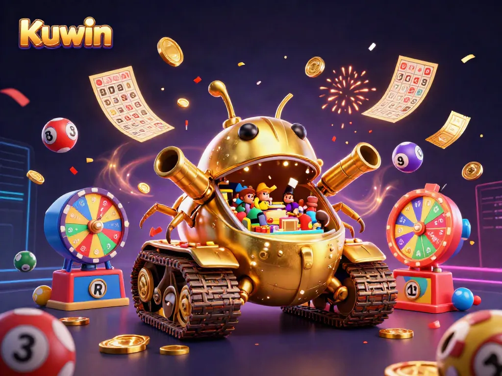 Kuwin brings excitement with a golden beetle casino tank shooting coins and confetti in a vibrant gaming celebration.