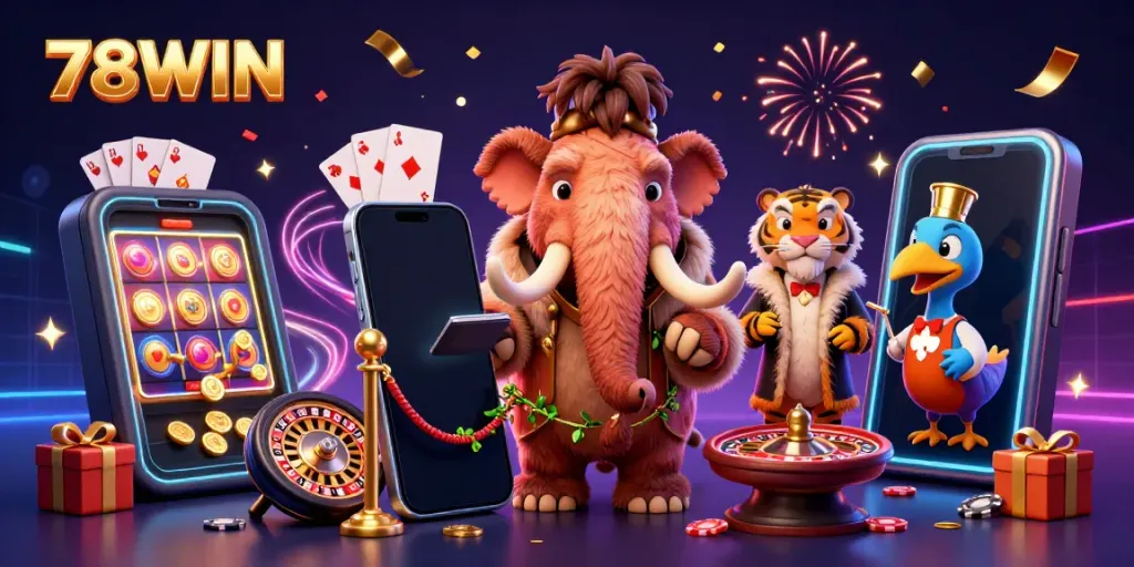 Experience the excitement of 78WIN with a vibrant casino scene featuring unique animal characters and gaming elements.