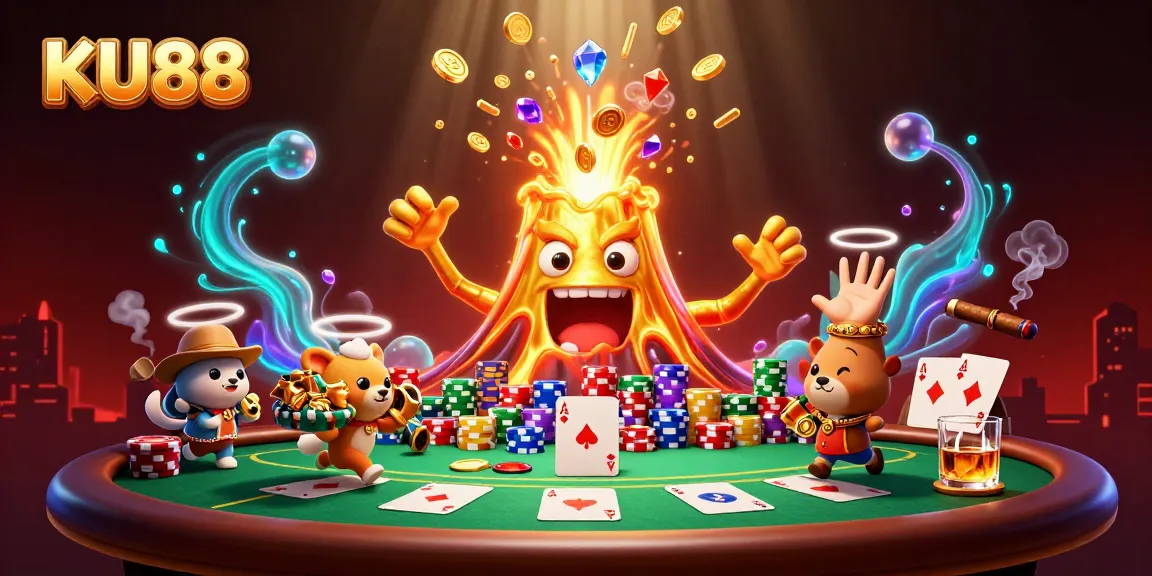 KU88 players enjoy thrilling poker moments at a vibrant casino volcano backdrop overflowing with treasures.