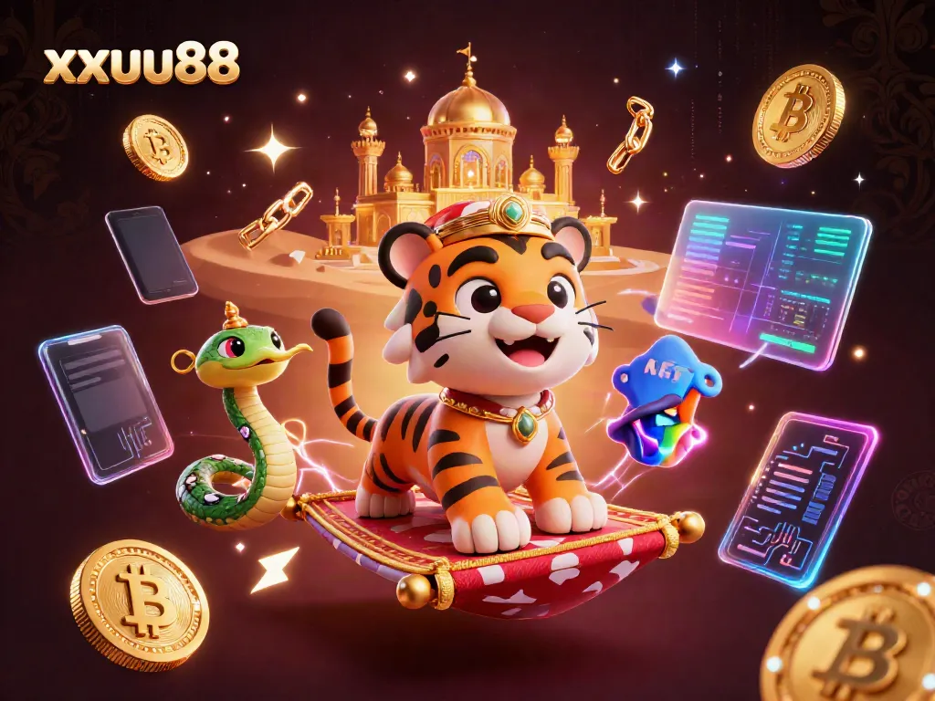 Experience the thrill of xxuu88 with a vibrant 3D illustration of a genie companion and casino elements.
