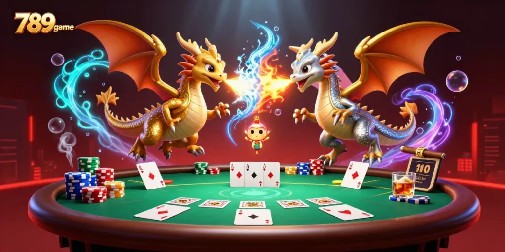 Engage in thrilling poker action with the dynamic 789clubgame scene featuring 3D dragons and a vibrant casino atmosphere.