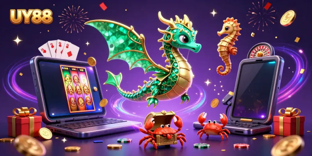 Join UY88 at a vibrant casino scene with a sea dragon, gaming elements, and dazzling effects.