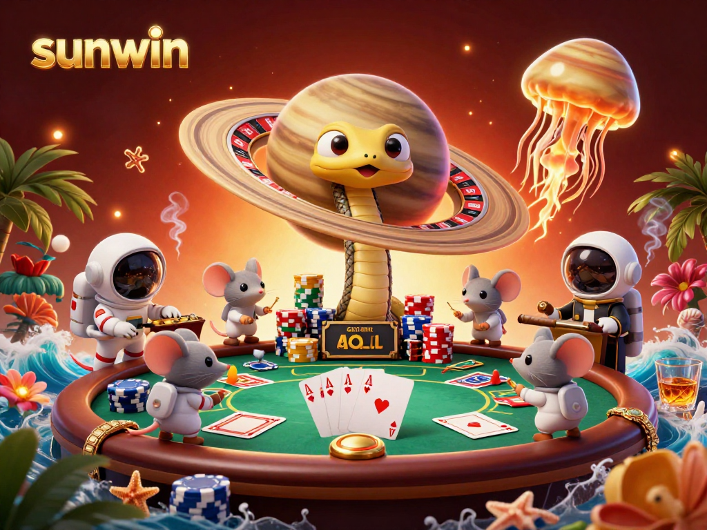 The cosmic dealer jellyfish oversees bets on the sunwin roulette as astronaut mice engage in exciting casino action.