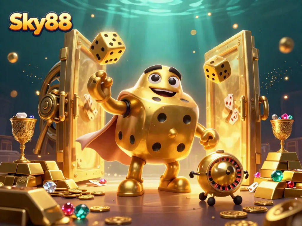 Experience Sky88's thrilling casino adventure with a golden dice golem and treasure elements.
