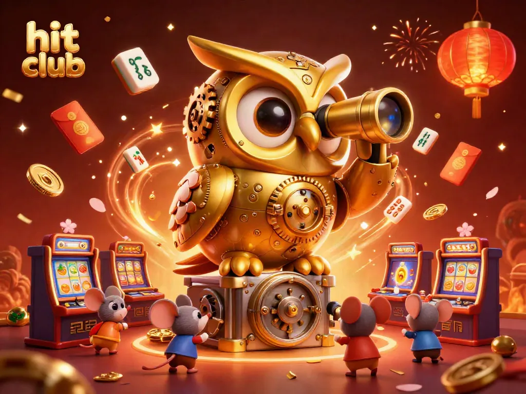 Experience the thrill of hit club as the golden owl oversees bustling casino action with vibrant games and festive elements.