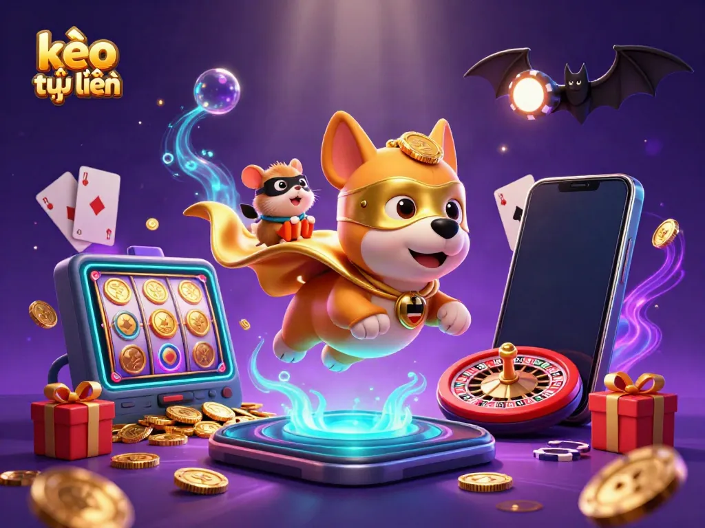 Experience kèo trực tuyến excitement with a superhero dog and hamster amidst casino games.