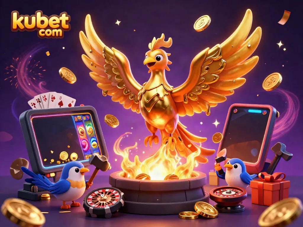 Experience the excitement of kubet com with a dynamic scene featuring a molten golden phoenix, slot games, and festive decorations.