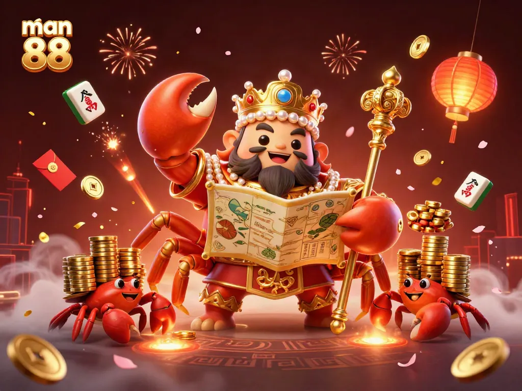 Engage with man 88 through a vibrant casino-themed illustration featuring a golden crab emperor surrounded by festive elements.