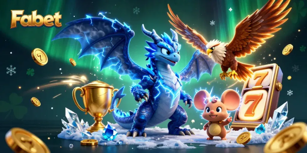 Experience exciting slots at Fabet with a thunder dragon and dynamic gaming symbols in a vibrant 3D scene.